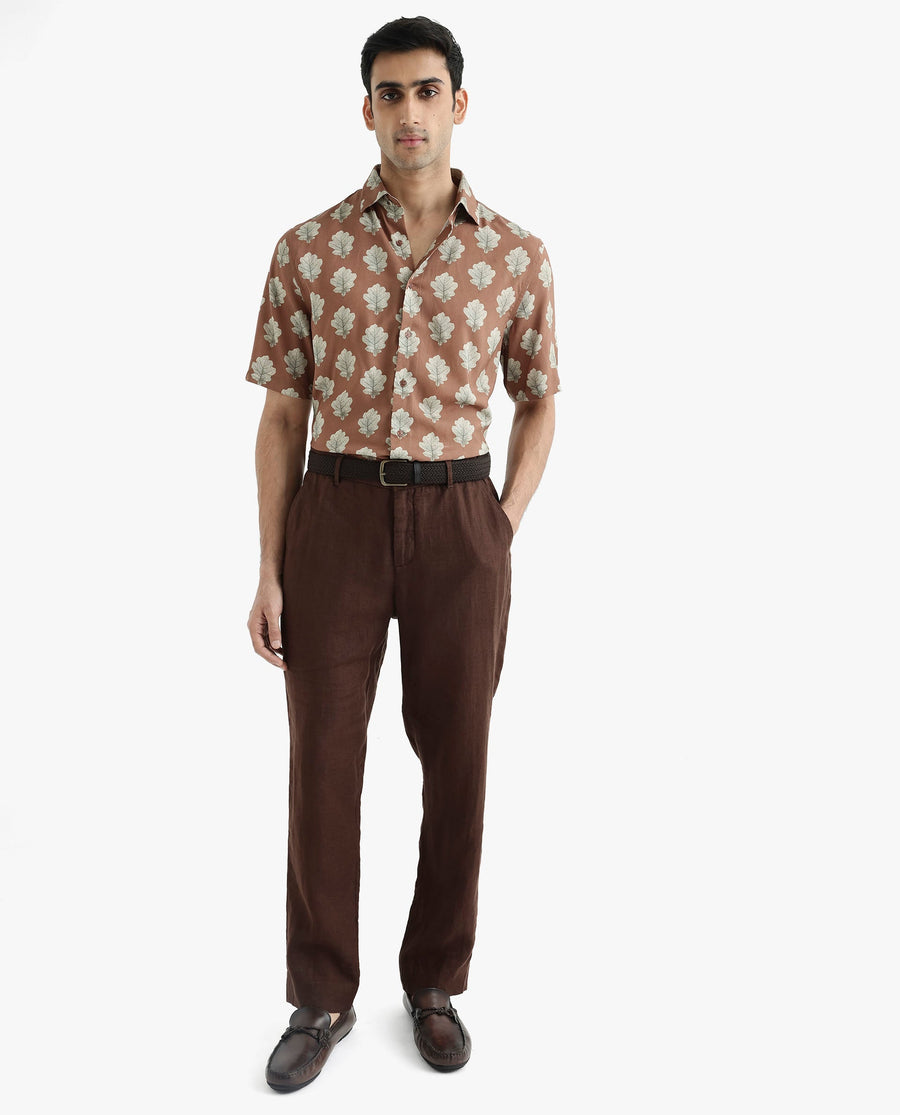 Rare Rabbit Men's Denno Brown Viscose Tropical Print Regular Fit Half Sleeve Collared Shirt