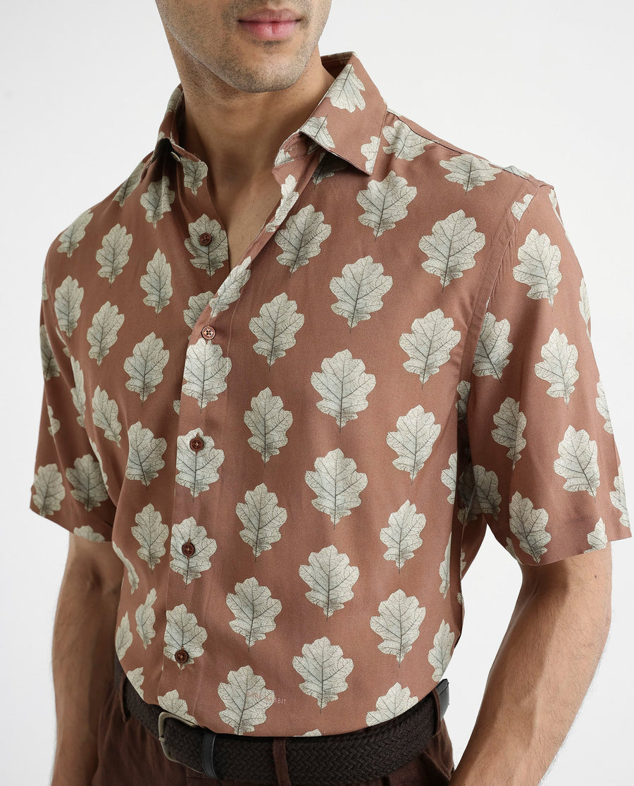 Rare Rabbit Men's Denno Brown Viscose Tropical Print Regular Fit Half Sleeve Collared Shirt