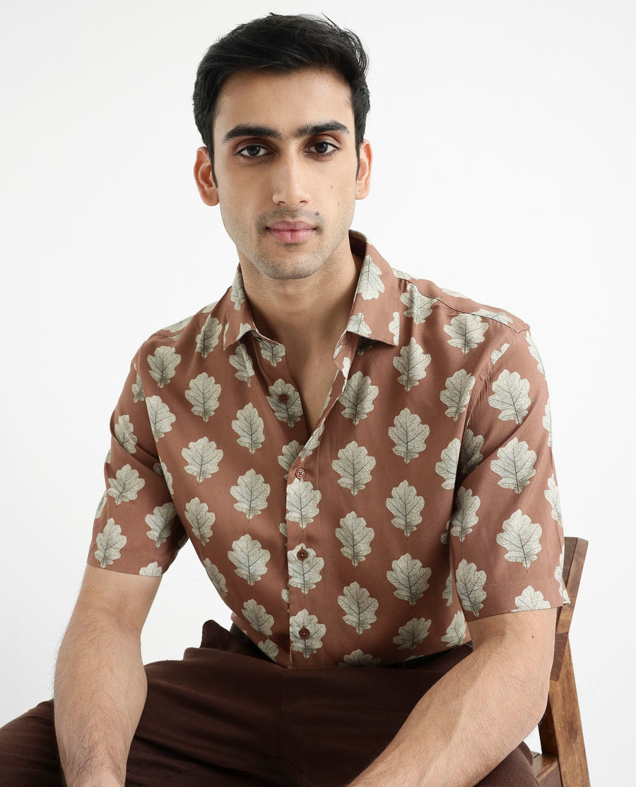 Rare Rabbit Men's Denno Brown Viscose Tropical Print Regular Fit Half Sleeve Collared Shirt