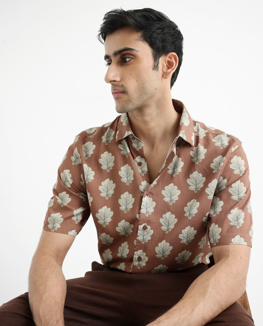 Rare Rabbit Men's Denno Brown Viscose Tropical Print Regular Fit Half Sleeve Collared Shirt
