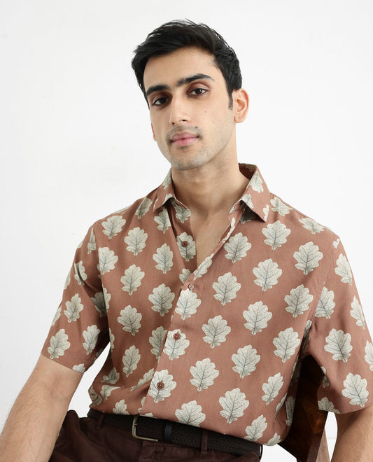 Rare Rabbit Men's Denno Brown Viscose Tropical Print Regular Fit Half Sleeve Collared Shirt