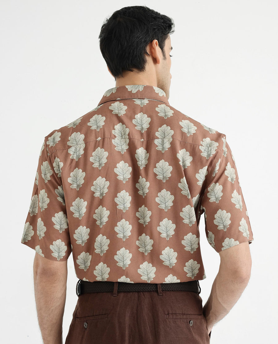 Rare Rabbit Men's Denno Brown Viscose Tropical Print Regular Fit Half Sleeve Collared Shirt