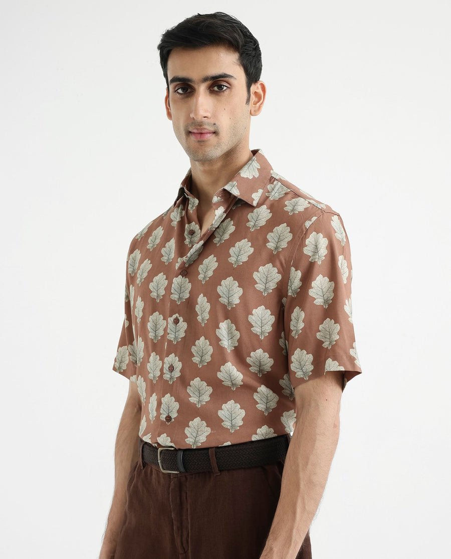 Rare Rabbit Men's Denno Brown Viscose Tropical Print Regular Fit Half Sleeve Collared Shirt
