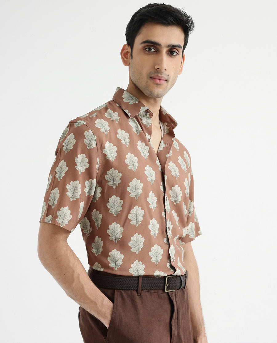 Rare Rabbit Men's Denno Brown Viscose Tropical Print Regular Fit Half Sleeve Collared Shirt