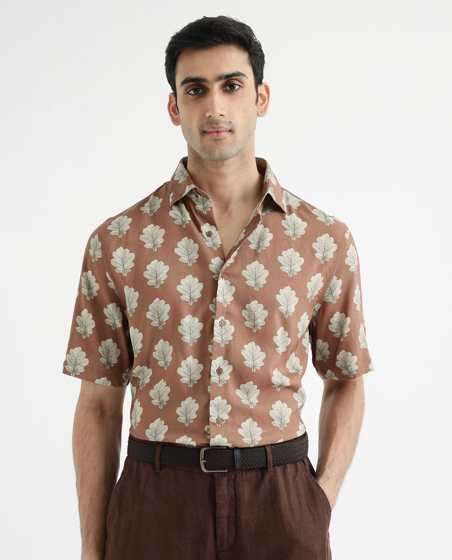 Rare Rabbit Men's Denno Brown Viscose Tropical Print Regular Fit Half Sleeve Collared Shirt