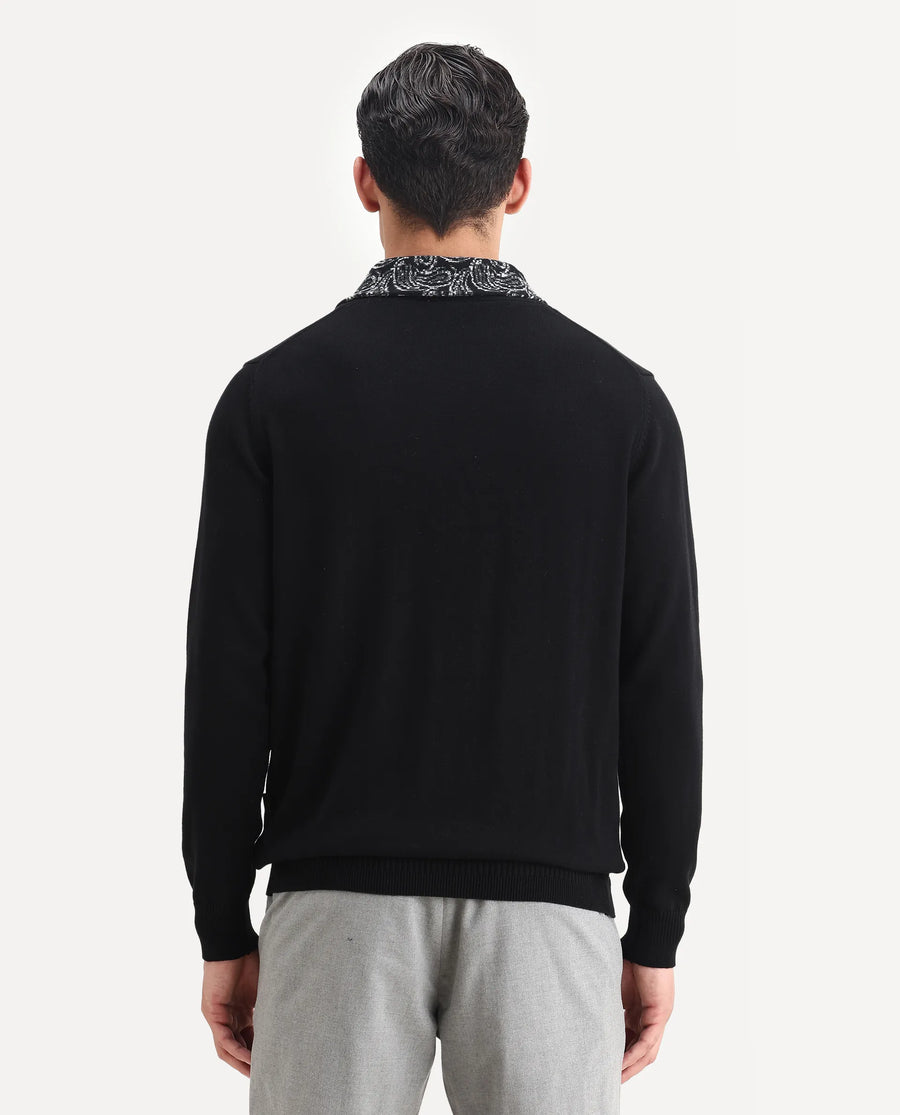 Rare Rabbit Men's Denor Black Cotton Paisley Print Regular Fit Full Sleeve Cowl Neck Sweater
