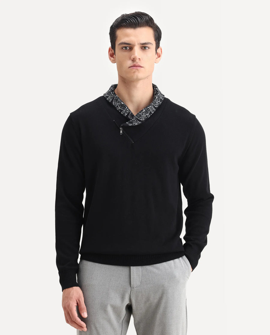 Rare Rabbit Men's Denor Black Cotton Paisley Print Regular Fit Full Sleeve Cowl Neck Sweater