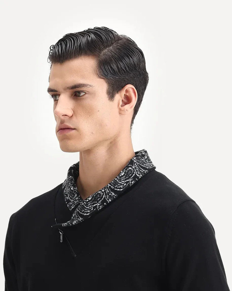 Rare Rabbit Men's Denor Black Cotton Paisley Print Regular Fit Full Sleeve Cowl Neck Sweater