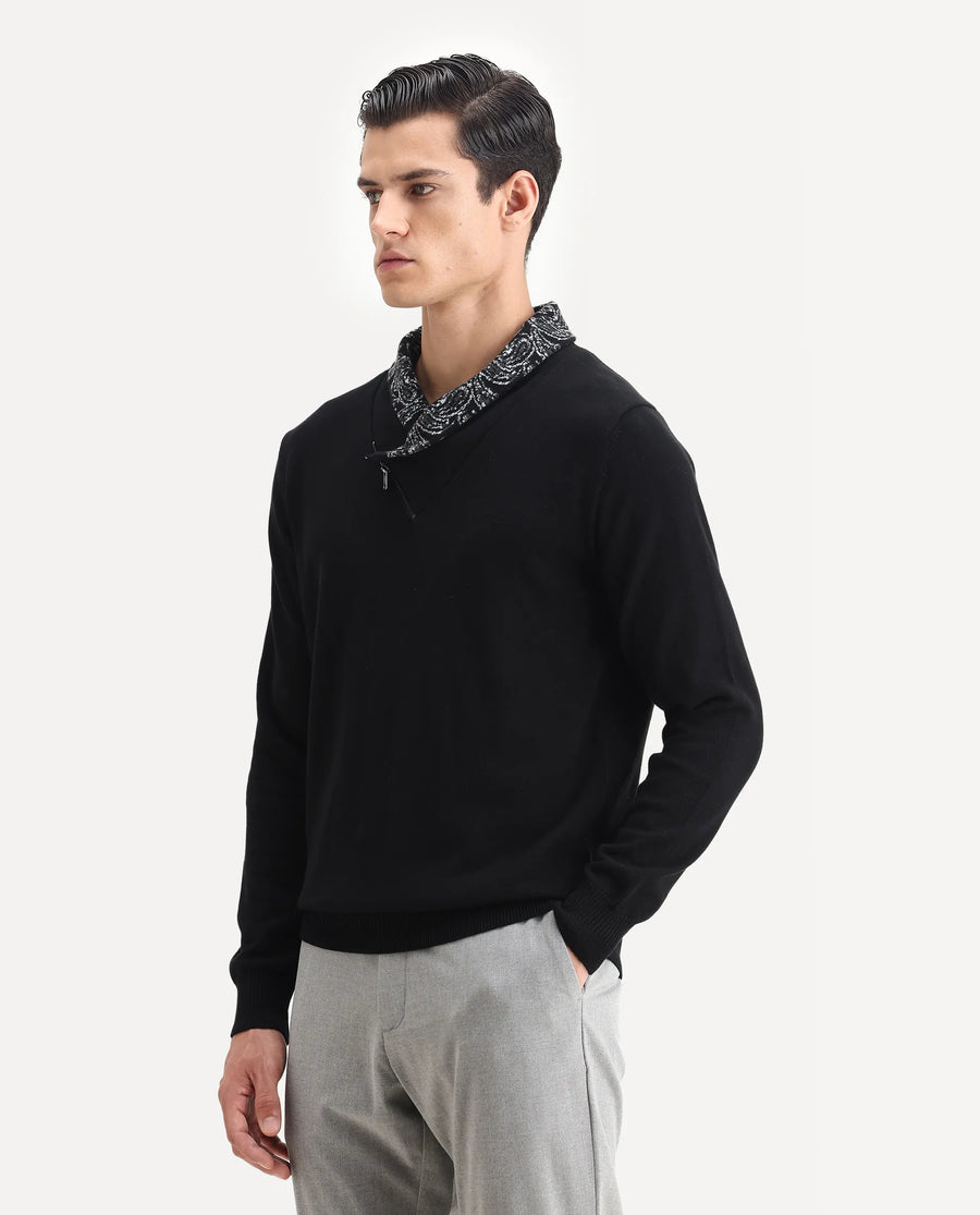 Rare Rabbit Men's Denor Black Cotton Paisley Print Regular Fit Full Sleeve Cowl Neck Sweater