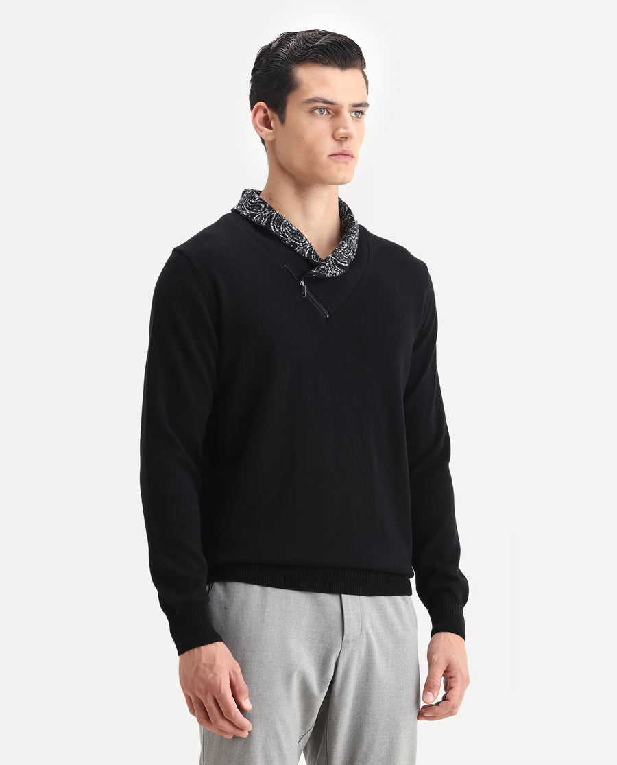 Rare Rabbit Men's Denor Black Cotton Paisley Print Regular Fit Full Sleeve Cowl Neck Sweater