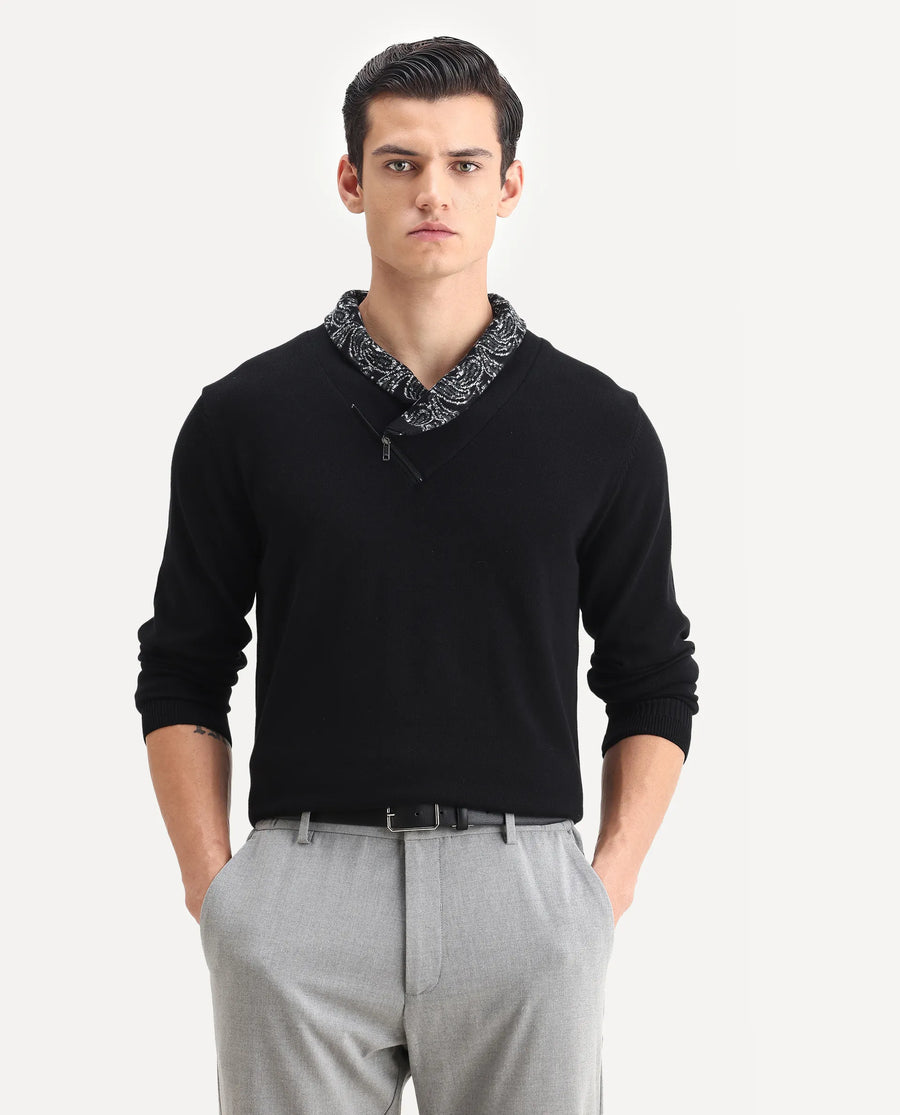 Rare Rabbit Men's Denor Black Cotton Paisley Print Regular Fit Full Sleeve Cowl Neck Sweater