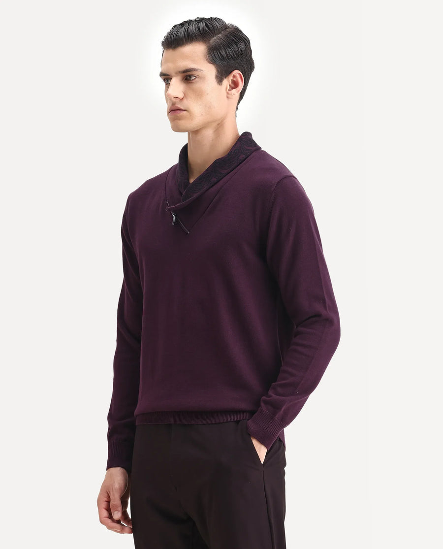 Rare Rabbit Men's Denor Purple Cotton Plain Regular Fit Full Sleeve Cowl Neck Sweater