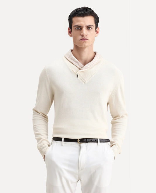 Rare Rabbit Men's Denver-25 Off White Cotton Plain Regular Fit Full Sleeve Shawl Neck Sweater