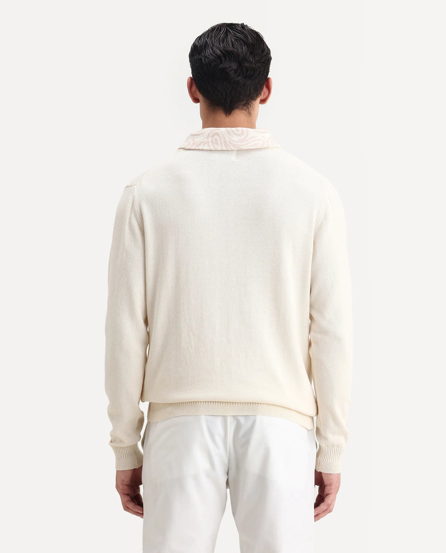 Rare Rabbit Men's Denver-25 Off White Cotton Plain Regular Fit Full Sleeve Shawl Neck Sweater