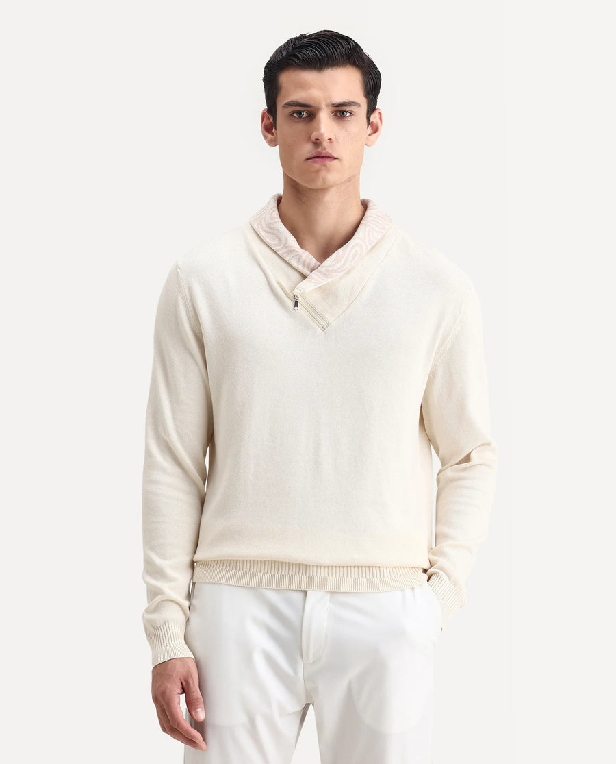 Rare Rabbit Men's Denver-25 Off White Cotton Plain Regular Fit Full Sleeve Shawl Neck Sweater