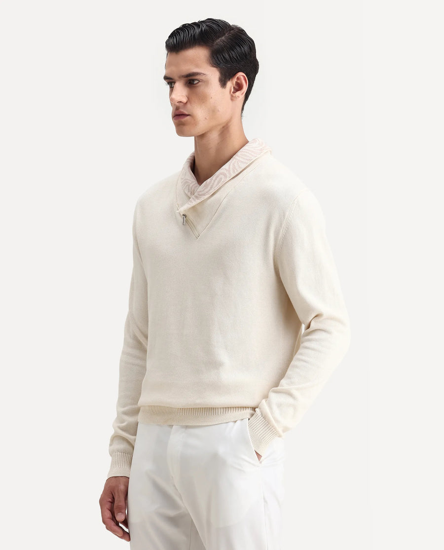 Rare Rabbit Men's Denver-25 Off White Cotton Plain Regular Fit Full Sleeve Shawl Neck Sweater