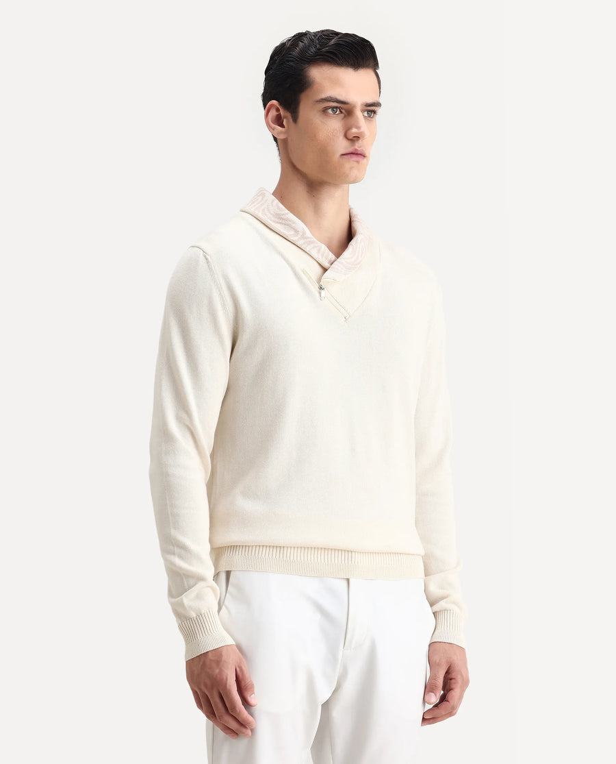 Rare Rabbit Men's Denver-25 Off White Cotton Plain Regular Fit Full Sleeve Shawl Neck Sweater