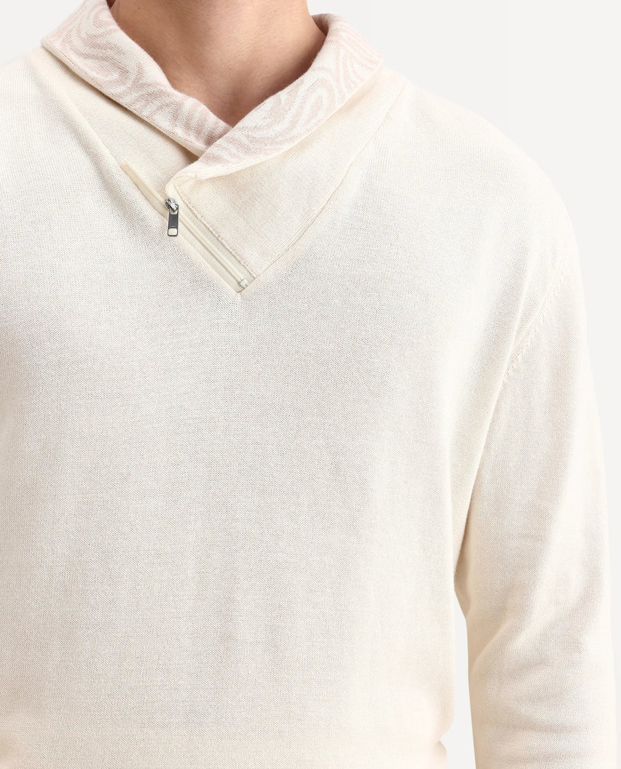 Rare Rabbit Men's Denver-25 Off White Cotton Plain Regular Fit Full Sleeve Shawl Neck Sweater