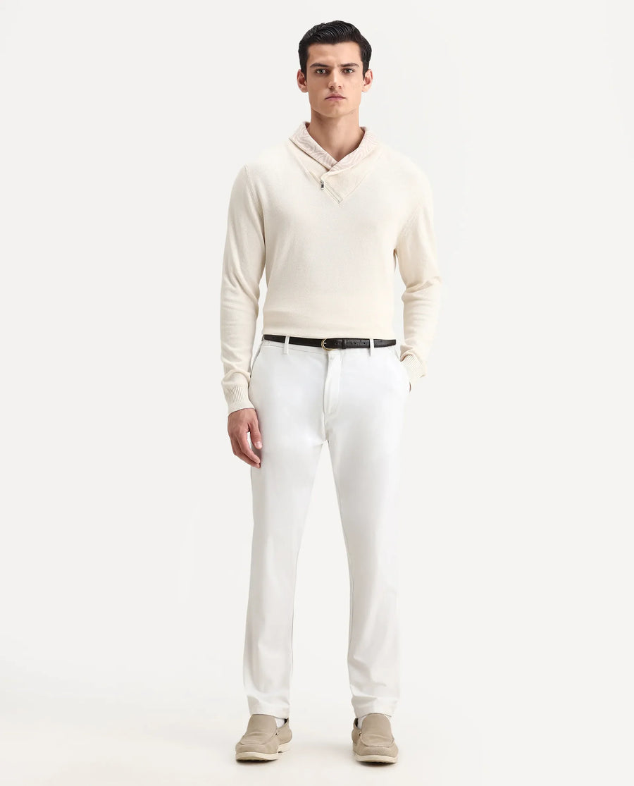 Rare Rabbit Men's Denver-25 Off White Cotton Plain Regular Fit Full Sleeve Shawl Neck Sweater