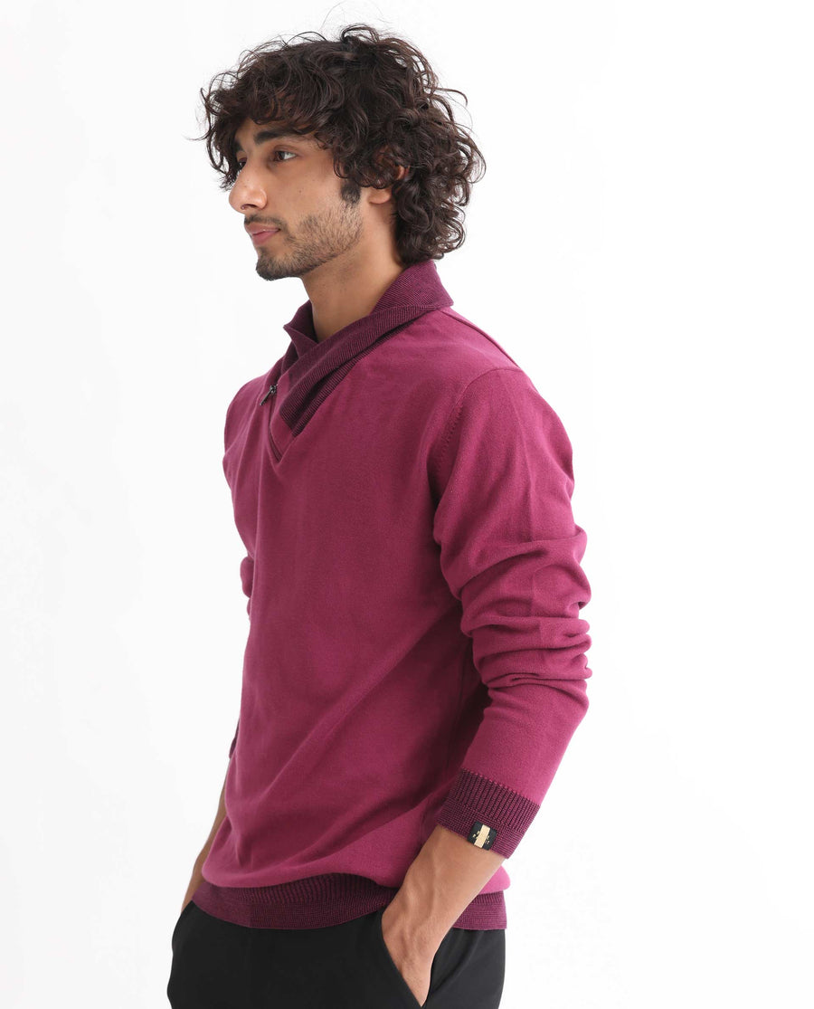 Rare Rabbit Men's Denver Pink Cotton Plain Regular Fit Full Sleeve Shawl Neck Sweater
