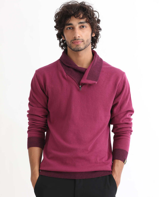 Rare Rabbit Men's Denver Pink Cotton Plain Regular Fit Full Sleeve Shawl Neck Sweater