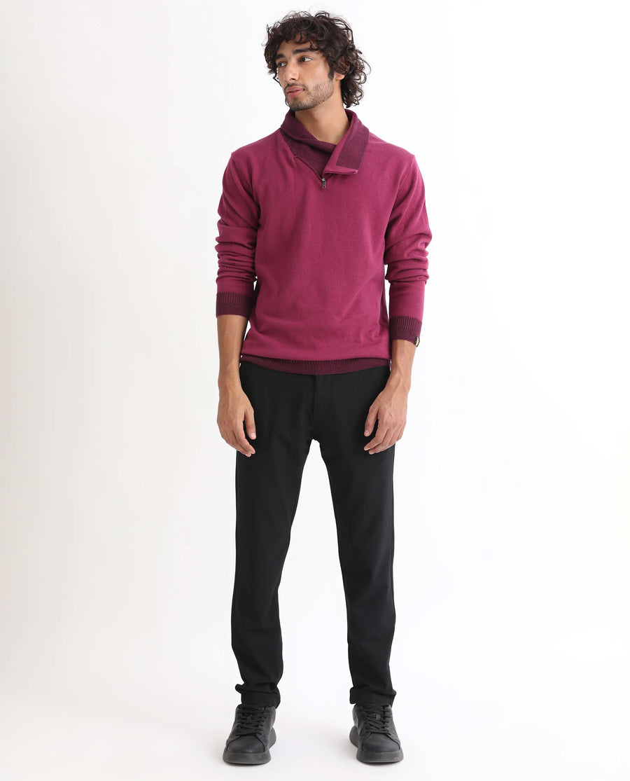 Rare Rabbit Men's Denver Pink Cotton Plain Regular Fit Full Sleeve Shawl Neck Sweater