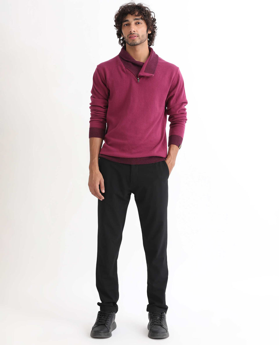 Rare Rabbit Men's Denver Pink Cotton Plain Regular Fit Full Sleeve Shawl Neck Sweater