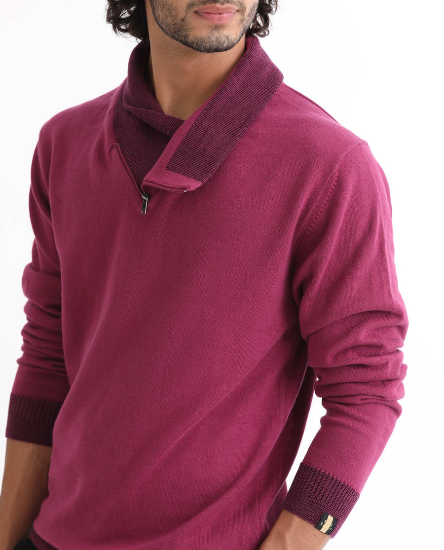 Rare Rabbit Men's Denver Pink Cotton Plain Regular Fit Full Sleeve Shawl Neck Sweater