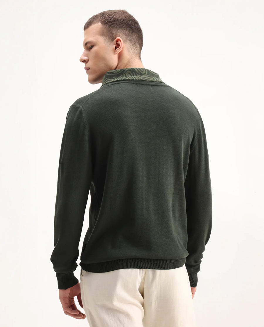 Rare Rabbit Men's Denver-25 Dark Olive Cotton Plain Regular Fit Full Sleeve Shawl Neck Sweater