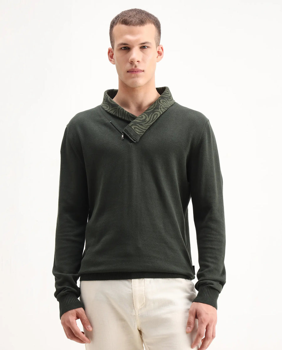 Rare Rabbit Men's Denver-25 Dark Olive Cotton Plain Regular Fit Full Sleeve Shawl Neck Sweater