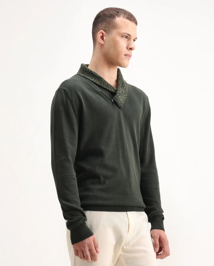 Rare Rabbit Men's Denver-25 Dark Olive Cotton Plain Regular Fit Full Sleeve Shawl Neck Sweater