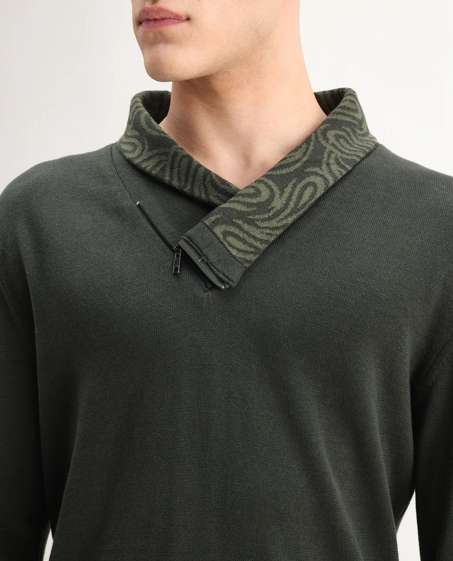 Rare Rabbit Men's Denver-25 Dark Olive Cotton Plain Regular Fit Full Sleeve Shawl Neck Sweater