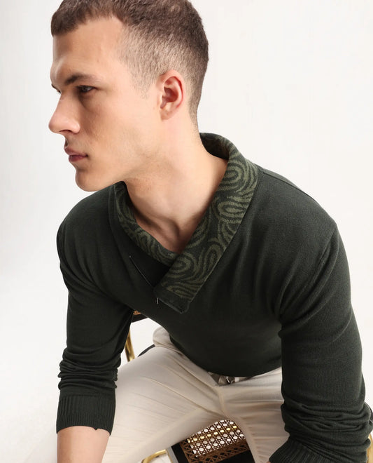 Rare Rabbit Men's Denver-25 Dark Olive Cotton Plain Regular Fit Full Sleeve Shawl Neck Sweater