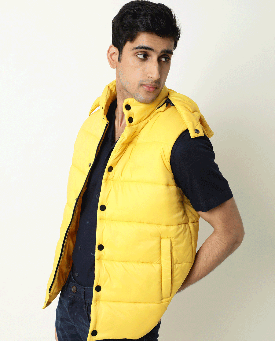 Rare Rabbit Men's Depot Yellow Nylon Plain Slim Fit Sleeveless Hooded Jacket
