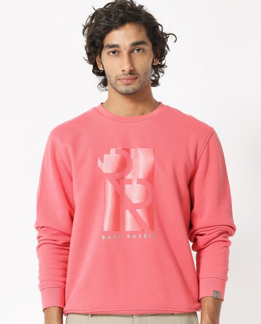 Rare Rabbit Men's Depth Red Cotton Graphic Print Regular Fit Full Sleeve Crew Neck Sweatshirt