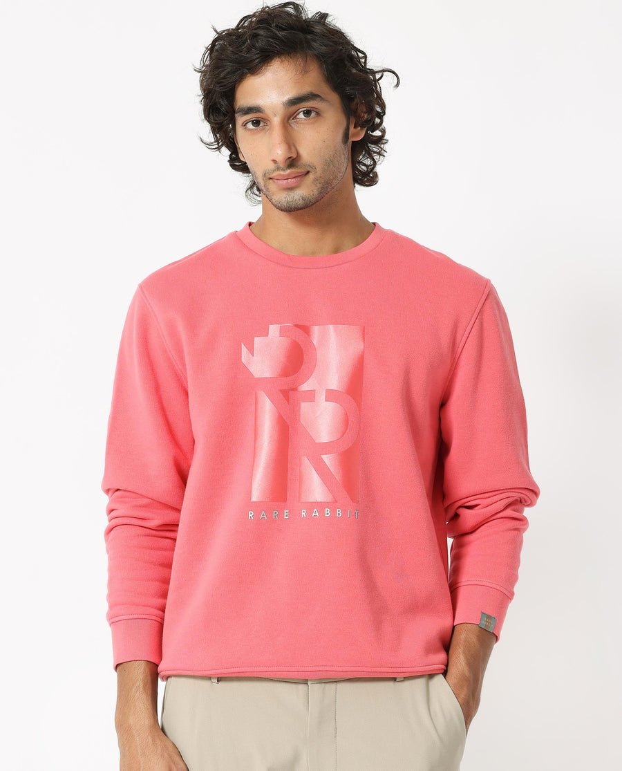 Rare Rabbit Men's Depth Red Cotton Graphic Print Regular Fit Full Sleeve Crew Neck Sweatshirt