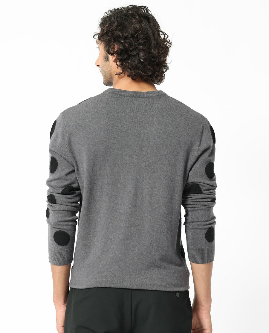 Rare Rabbit Men's Deremy Grey Viscose Polka Print Relaxed Fit Full Sleeve Crew Neck Sweater