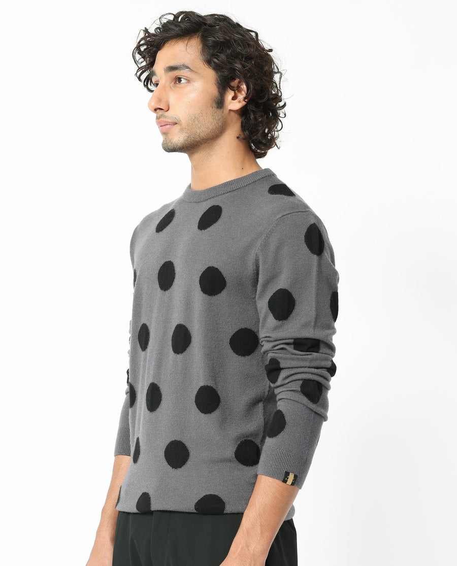 Rare Rabbit Men's Deremy Grey Viscose Polka Print Relaxed Fit Full Sleeve Crew Neck Sweater