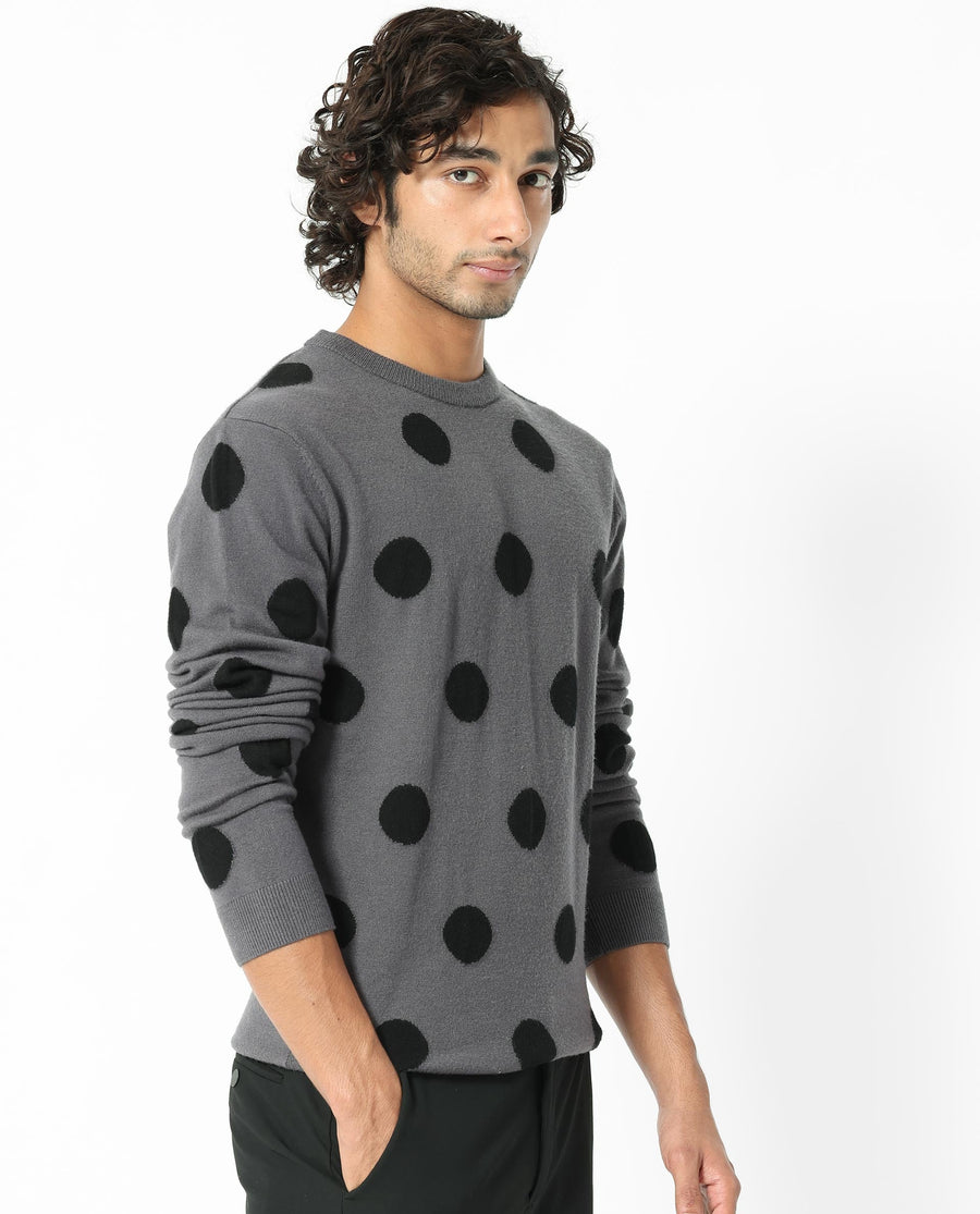 Rare Rabbit Men's Deremy Grey Viscose Polka Print Relaxed Fit Full Sleeve Crew Neck Sweater