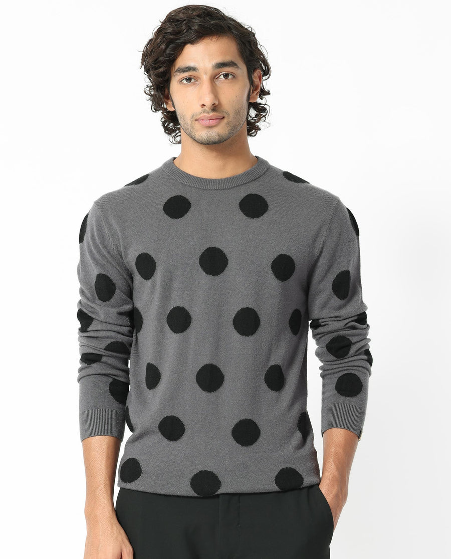 Rare Rabbit Men's Deremy Grey Viscose Polka Print Relaxed Fit Full Sleeve Crew Neck Sweater