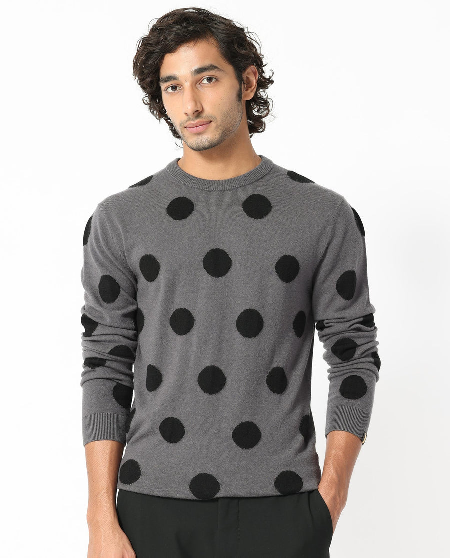 Rare Rabbit Men's Deremy Grey Viscose Polka Print Relaxed Fit Full Sleeve Crew Neck Sweater