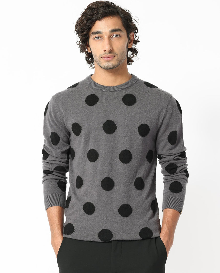 Rare Rabbit Men's Deremy Grey Viscose Polka Print Relaxed Fit Full Sleeve Crew Neck Sweater