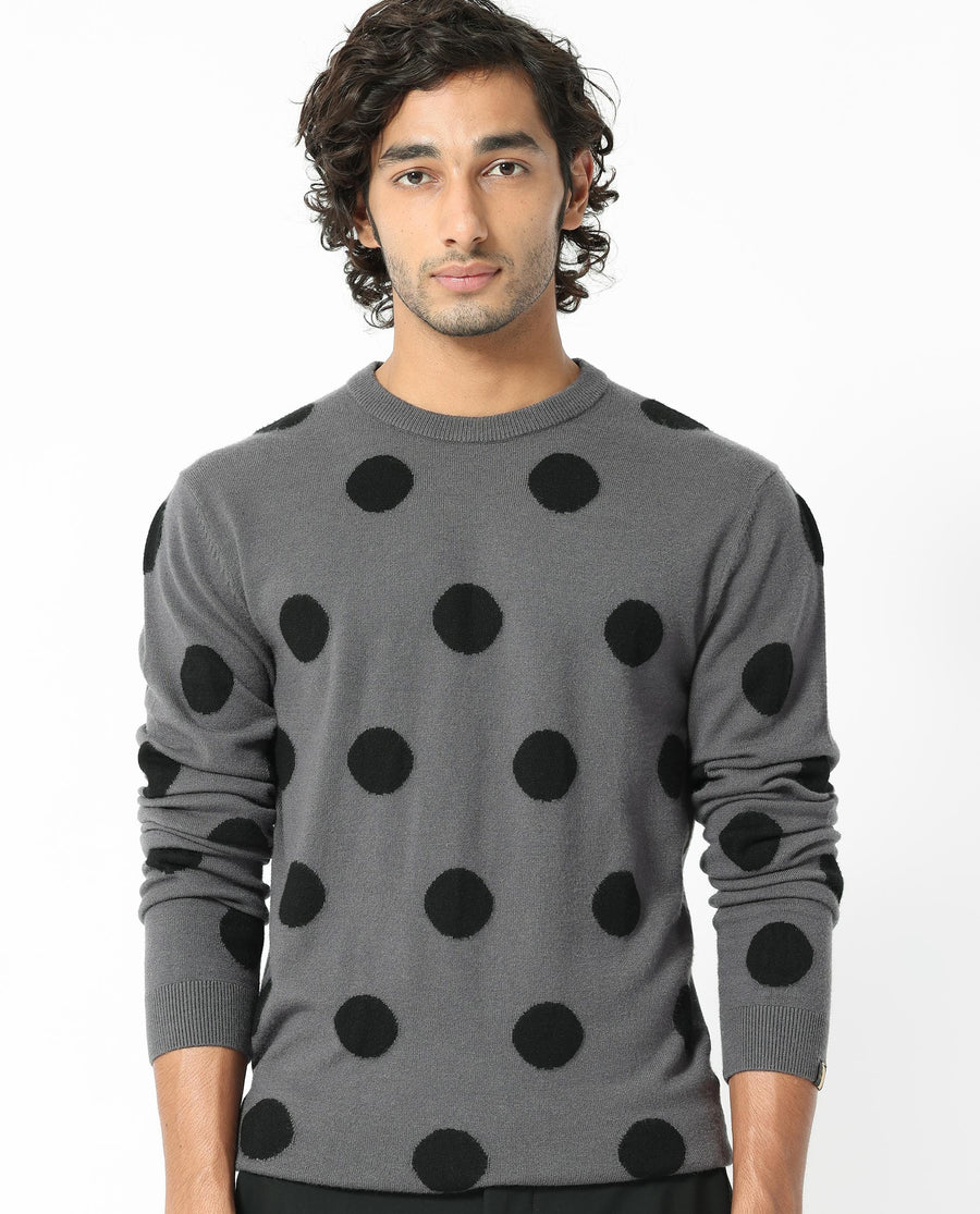 Rare Rabbit Men's Deremy Grey Viscose Polka Print Relaxed Fit Full Sleeve Crew Neck Sweater
