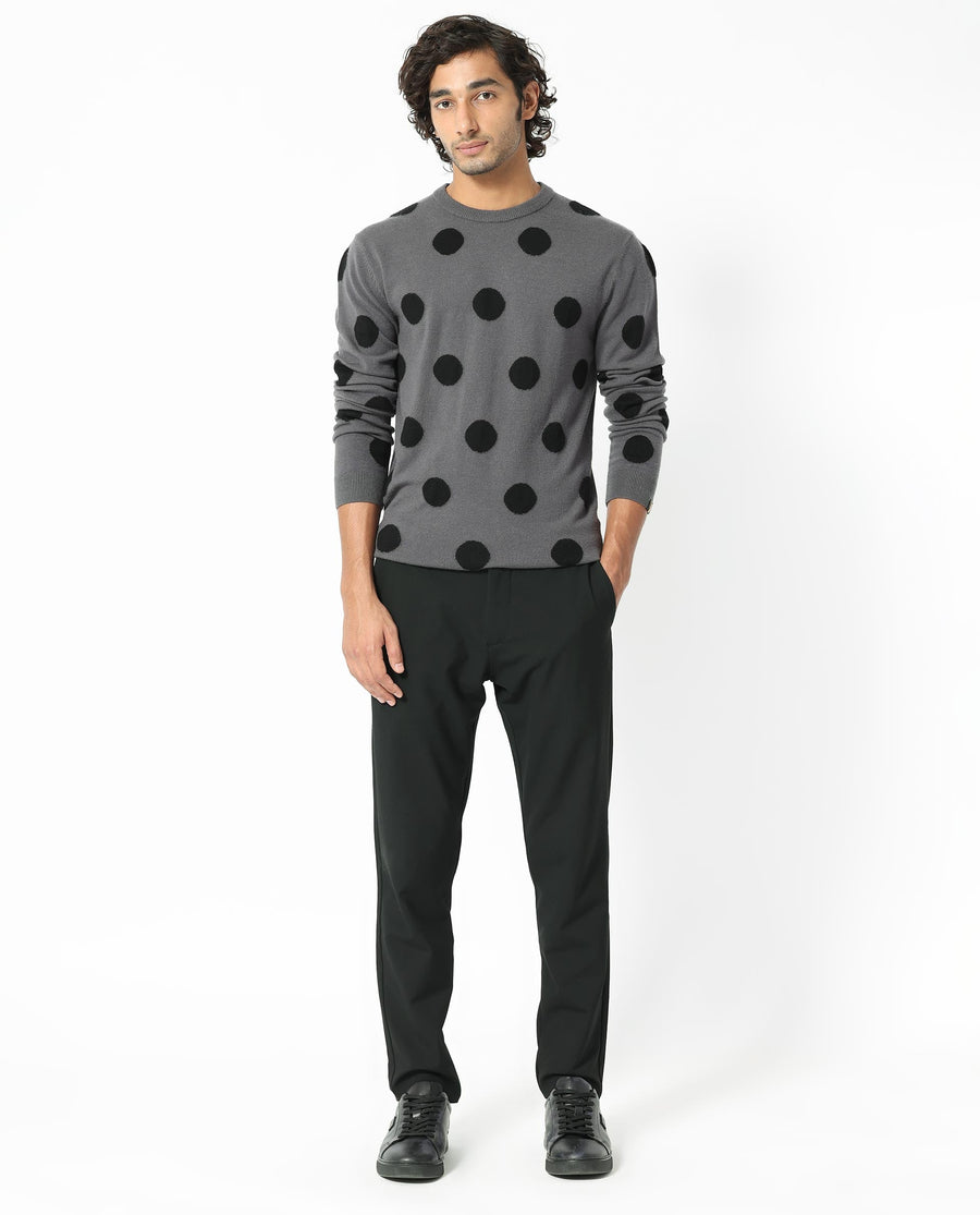 Rare Rabbit Men's Deremy Grey Viscose Polka Print Relaxed Fit Full Sleeve Crew Neck Sweater