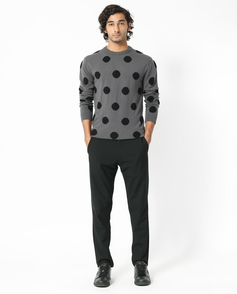 Rare Rabbit Men's Deremy Grey Viscose Polka Print Relaxed Fit Full Sleeve Crew Neck Sweater