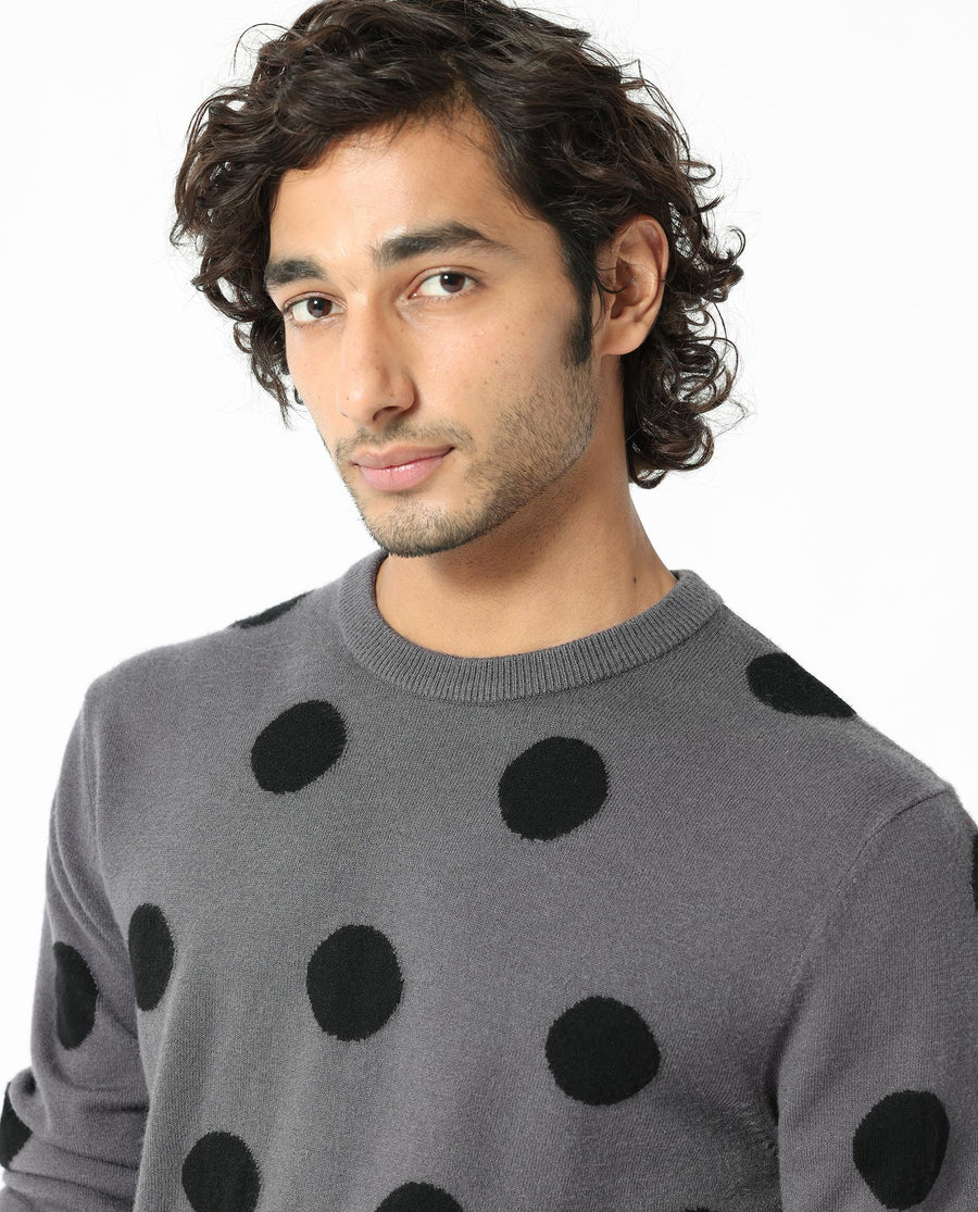 Rare Rabbit Men's Deremy Grey Viscose Polka Print Relaxed Fit Full Sleeve Crew Neck Sweater