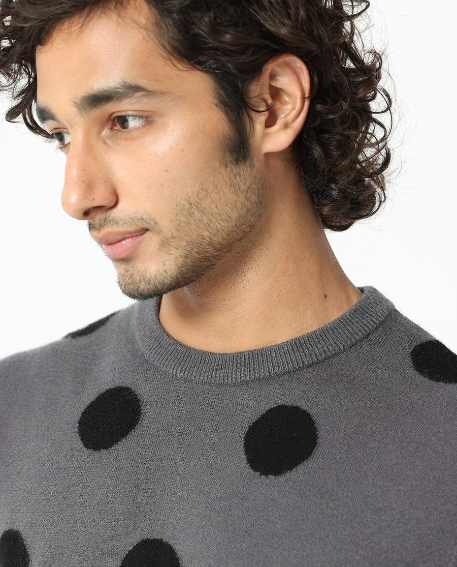 Rare Rabbit Men's Deremy Grey Viscose Polka Print Relaxed Fit Full Sleeve Crew Neck Sweater