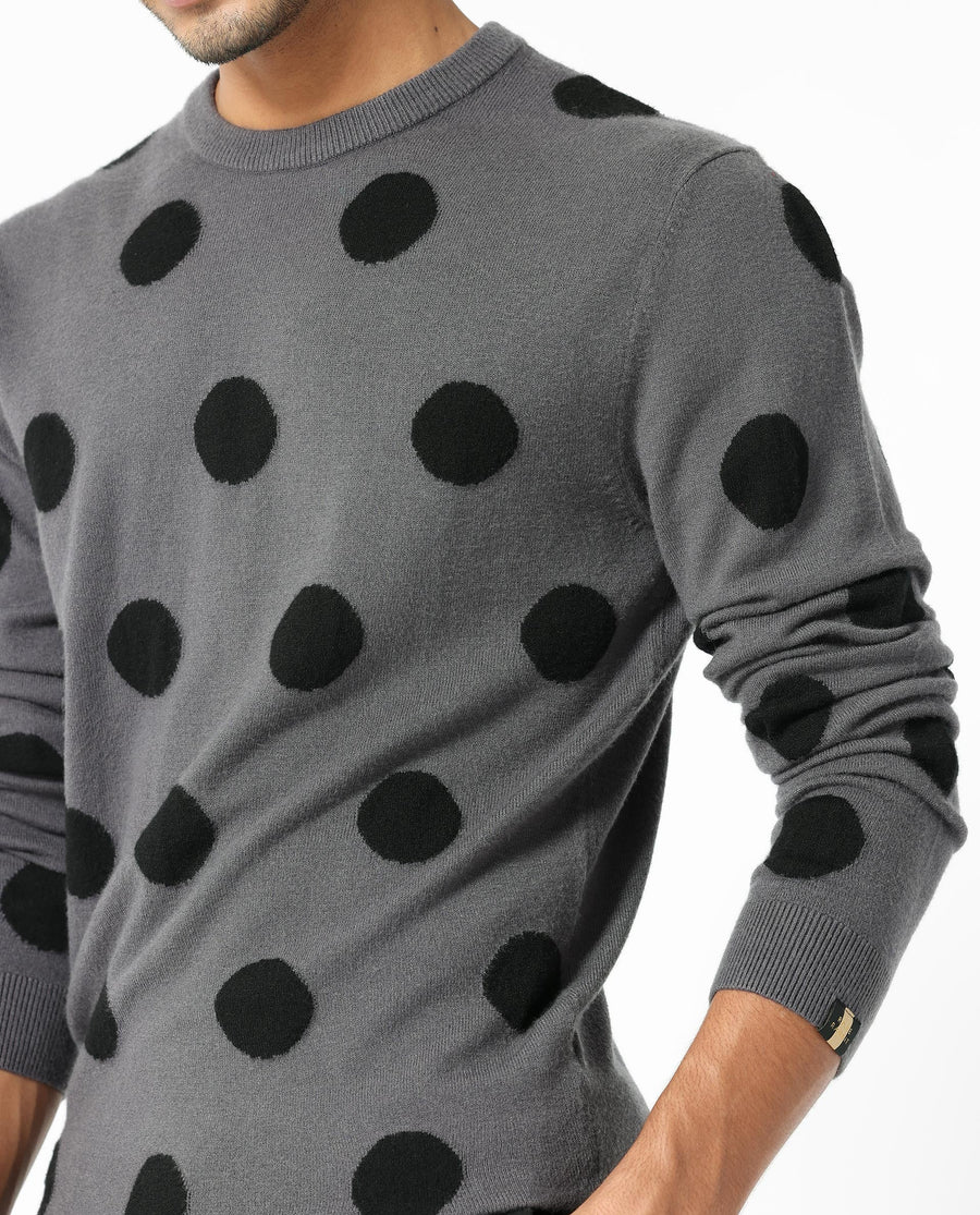 Rare Rabbit Men's Deremy Grey Viscose Polka Print Relaxed Fit Full Sleeve Crew Neck Sweater