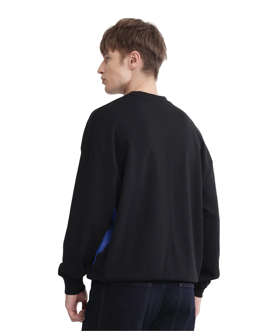 Rare Rabbit Men's Deric Black Cotton Blend Graphic Print Boxy Fit Full Sleeve Crew Neck Sweatshirt