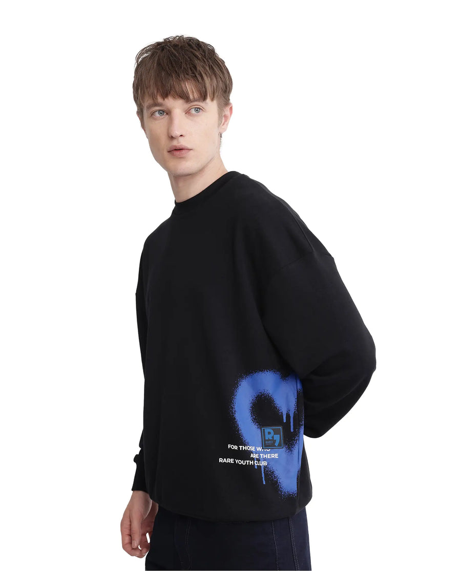 Rare Rabbit Men's Deric Black Cotton Blend Graphic Print Boxy Fit Full Sleeve Crew Neck Sweatshirt